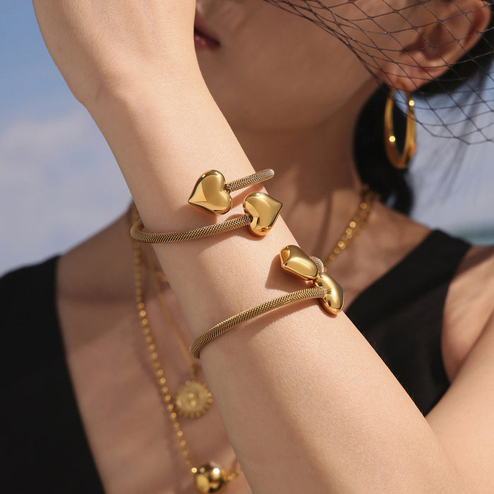Gold Steel Open Double Heart Mesh Cuff Bangle Bracelets