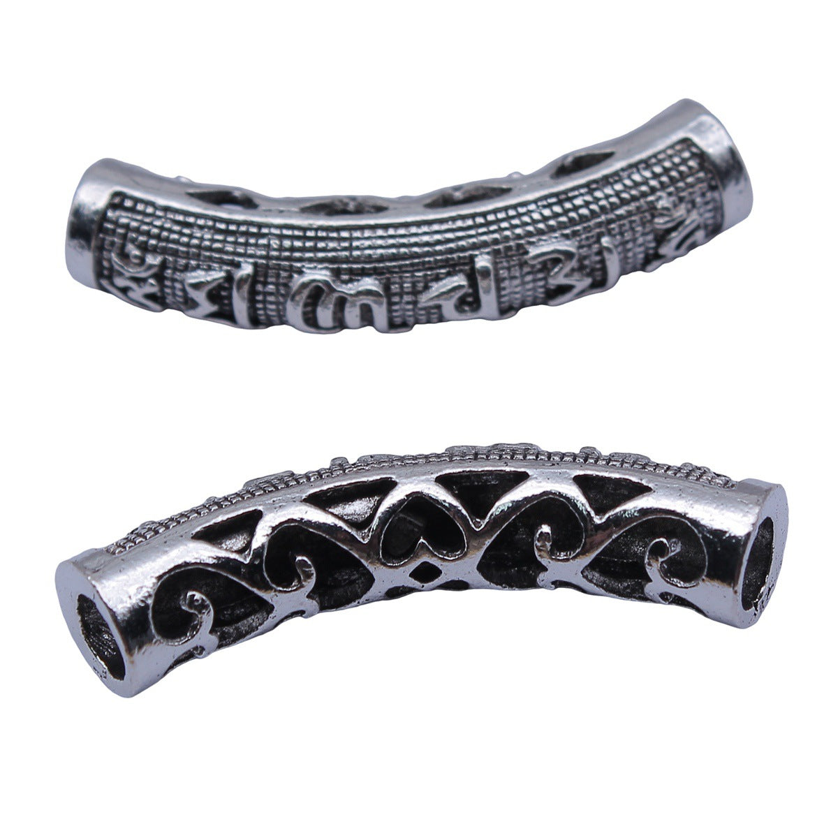 45x16x9mm 8.8g Antique Silver Zinc Alloy Six-Word Mantra Curved Tube Spacer Beads for Bracelets