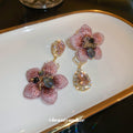 Pink Floral Crystal Asymmetric Drop Earrings Polished Metal Jewelry view 2