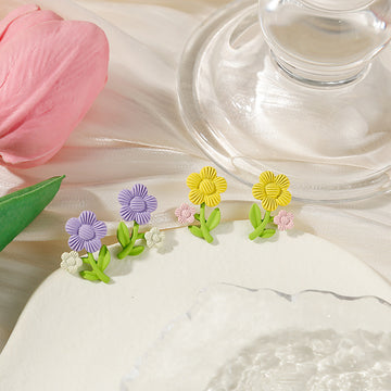 Colorful Flower Stem Stud Earrings Yellow and Purple Styles