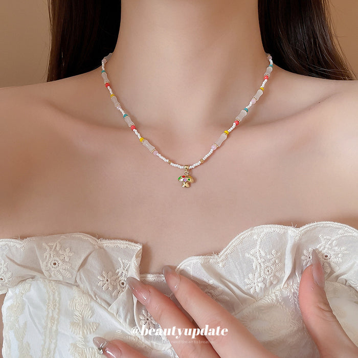 White Bead Multicolor Mushroom Charm Necklace Color Accents