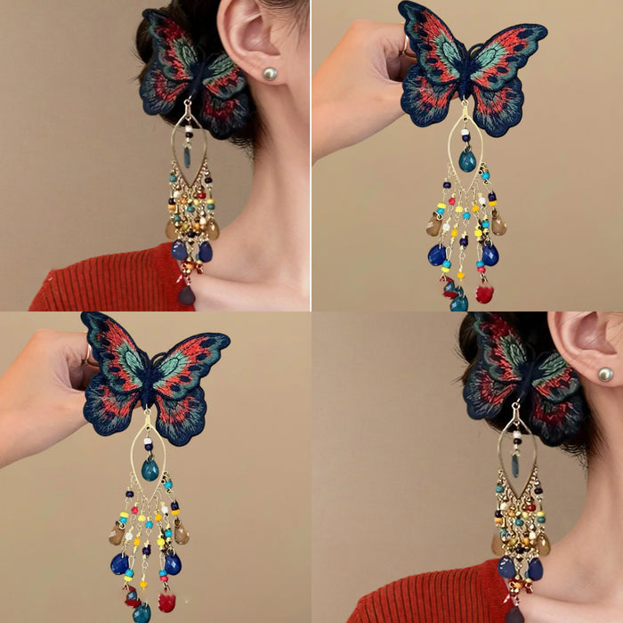 Embroidered Butterfly Multicolor Crystal Tassel Hair Clip