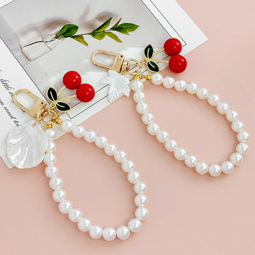 Red Cherry Charm Keychains with Pearl-Look Beads and Bow Accents