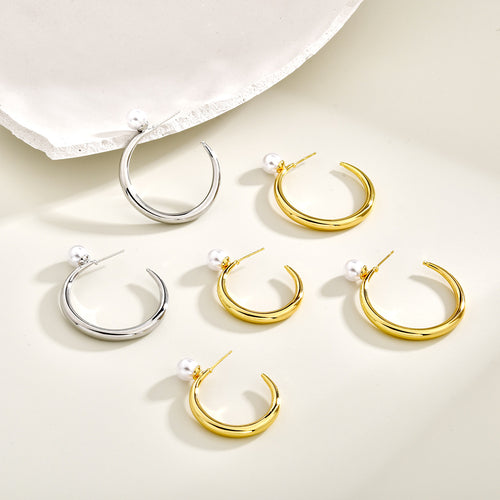 Gold and silver pearl-look ball C hoop earrings in two sizes