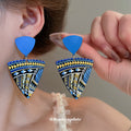 Blue Painted Geometric Floral Statement Drop Earrings view 4