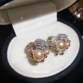 Gray Floral Pearl Stud Earrings with Layered Petal Frames view 2
