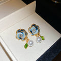 Blue Rose Floral Stud Earrings with Round Faux Pearl Drop view 6