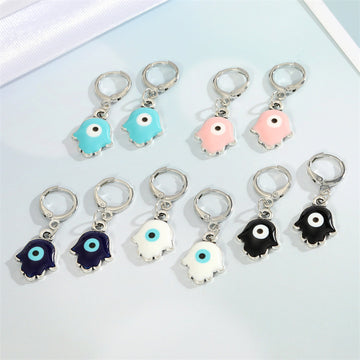 Silver Tone Hamsa Evil Eye Huggie Earrings in Five Color Designs