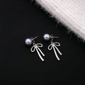 Gray Pearl Stud Earrings With Detachable Silver Bow view 3