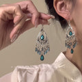 Blue Teardrop Chandelier Hook Earrings with Silver Tone Filigree view 6