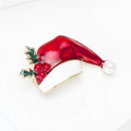 Red Santa Hat Enamel Brooch With Holly and Pearl Pom Pom view 3