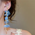 Blue Fabric Flower Hoop Earrings with Beaded Sprays view 3