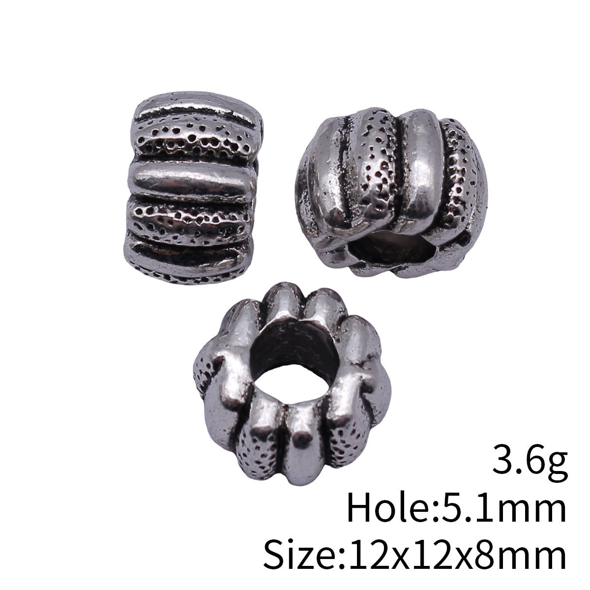 12x12x8mm 3.6g Antique Silver Zinc Alloy Pumpkin Texture Large Hole Spacer Beads for Bracelet Making