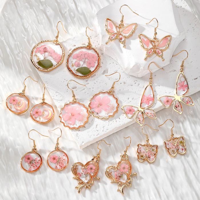 Pink Pressed Flower Resin Earrings Gold Hooks 8 Style Mix