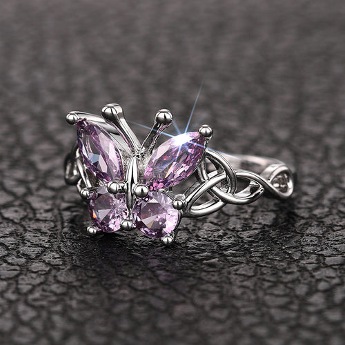 Second product view showing silver-tone purple stone butterfly Celtic knot ring