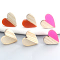 Half Wood Half Color Resin Heart Stud Earrings in Three Colors view 1