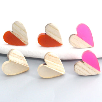 Half Wood Half Color Resin Heart Stud Earrings in Three Colors