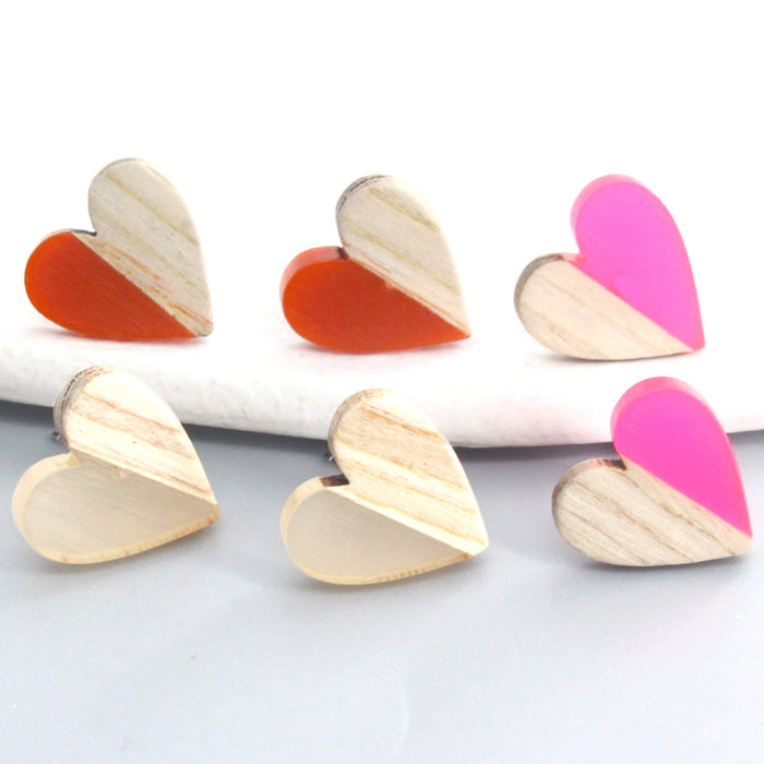 Half Wood Half Color Resin Heart Stud Earrings in Three Colors