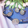 Silver Pave Flower CZ Necklace Earrings Open Ring Set view 2