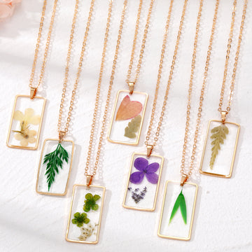 Gold Tone Rectangular Resin Pressed Flower Pendant Necklaces in Seven Designs