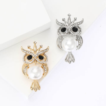 Owl Crystal Brooch With Large Pearl Body in Two Tones