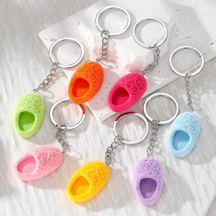 Mini Fuzzy Slipper Keychains Silver Ring Seven Bright Colors