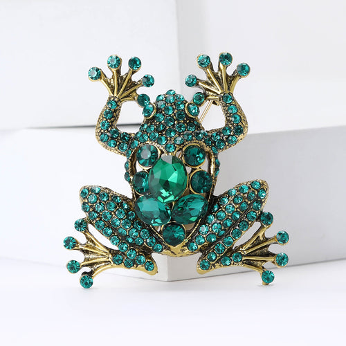 Green Crystal Frog brooch angled display showing the raised details