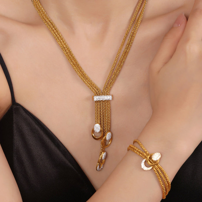 Multi Strand Mesh Necklace Bracelet Rhinestone Circle Tassels