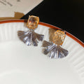 Silver Tone Square Stone Fan Drop Stud Earrings With Polished Metal Details view 6