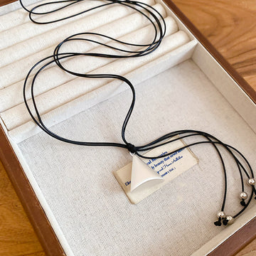 Silver Tone Triangle Pendant Necklace on Double Black Cord