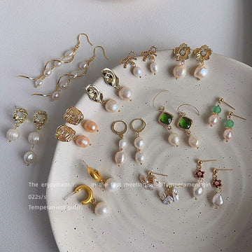 Gold Freshwater Pearl Bow Flower Wave And Spiral Earrings