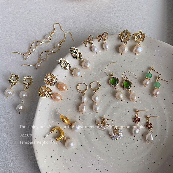Gold Freshwater Pearl Bow Flower Wave And Spiral Earrings