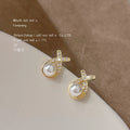 Gold Crystal X Cross Pearl Stud Earrings Pave Detail view 4