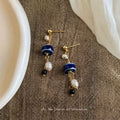 Gold-Tone Blue Ceramic Disc Pearl Drop Dangle Earrings view 3