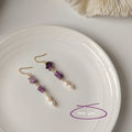 Gold Tone Purple Stone Chip And White Pearl Long Hook Earrings view 4