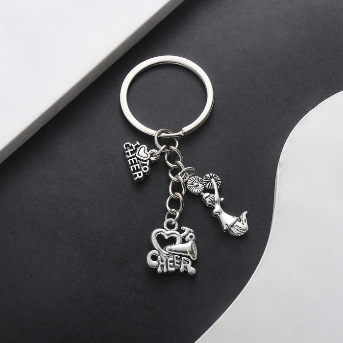 Silver Tone Cheerleader Pom Pom and Letter Keychain