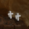 Silver Crystal Cross Huggie Hoop Earrings Pave Set view 1