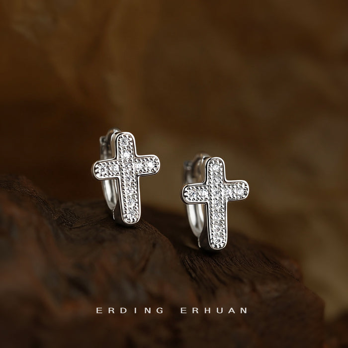 Silver Crystal Cross Huggie Hoop Earrings Pave Set