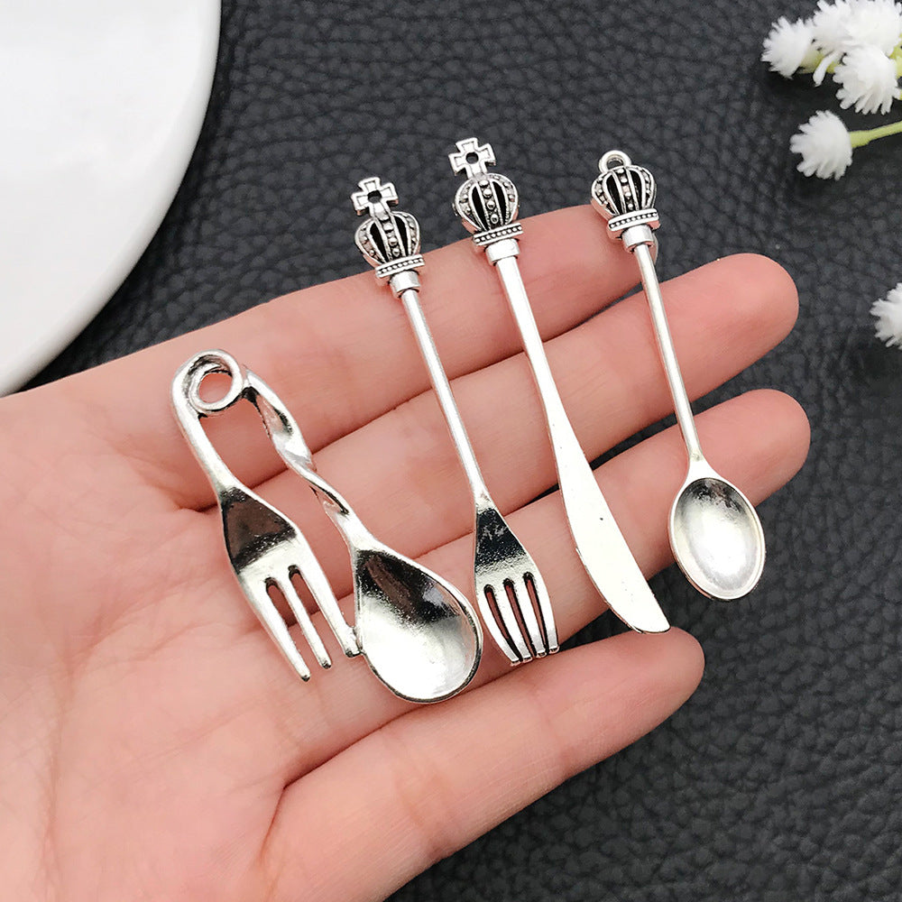 Vintage Zinc Alloy Crown Knife Fork Spoon Charm Pendants for Handmade Jewelry DIY