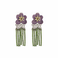 Purple Double Flower Green Crystal Look Fringe Earrings view 5