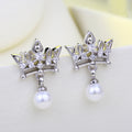 Crown CZ Pearl Drop Stud Earrings Silver Rose Gold view 4