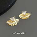 Gold Fan Triangle CZ Stud Earrings Pavé Crystal Arc view 4