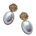 Gold Hammered Disc Stud Oval Pearl Drop Earrings Pair view 5