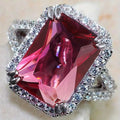 Pink Rectangular Halo Cubic Zirconia Cocktail Ring, Silver-Tone Brass view 1