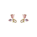 Gold Tone Pink Tulip Vine And Pink Faceted Stone Stud Earrings view 5