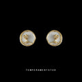 Gold Round Rose Stud Earrings White Inlay Wavy Frame view 4