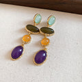 Multicolor Oval Resin Cabochon Long Dangle Earrings view 6