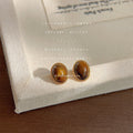 Gold Bezel Oval Tiger Eye Cabochon Stud Earrings Pair view 4