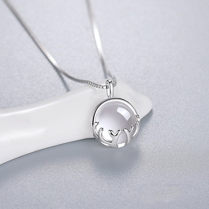 Silver Round Moonstone Antler Motif Pendant Necklace Metal