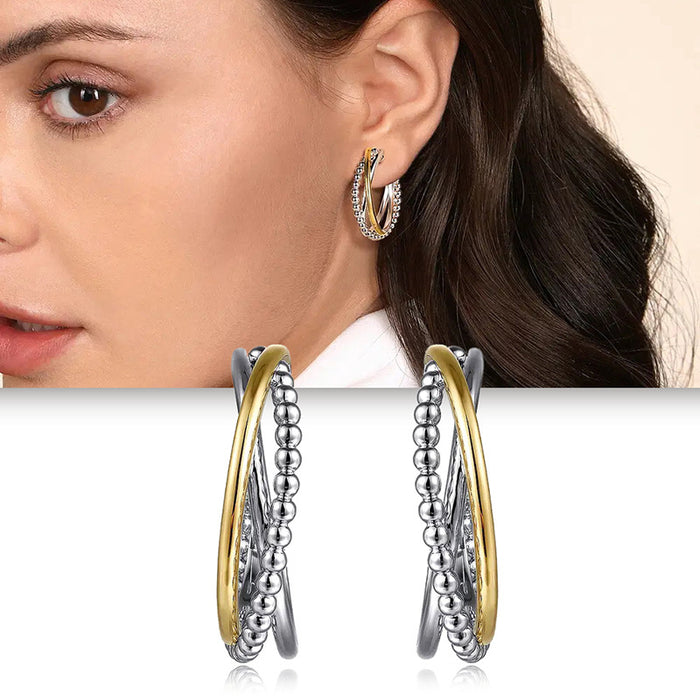 Silver Gold Twisted Beaded Multi Band Hoop Earrings